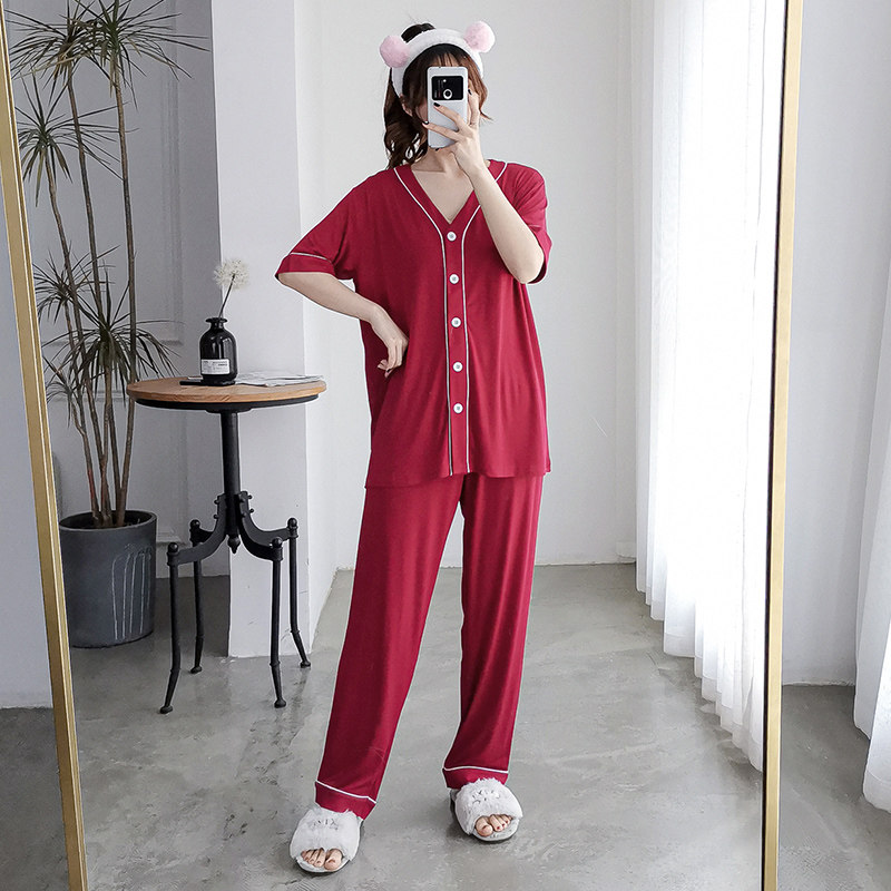 Modal pajamas set women's summer thin V-neck cardigan home service spring and autumn fat MM loose short-sleeved trousers 200 catties