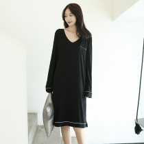 Modal long-sleeved nightdress autumn womens slim mid-length pregnant womens pajamas black thin section loose large size home clothes