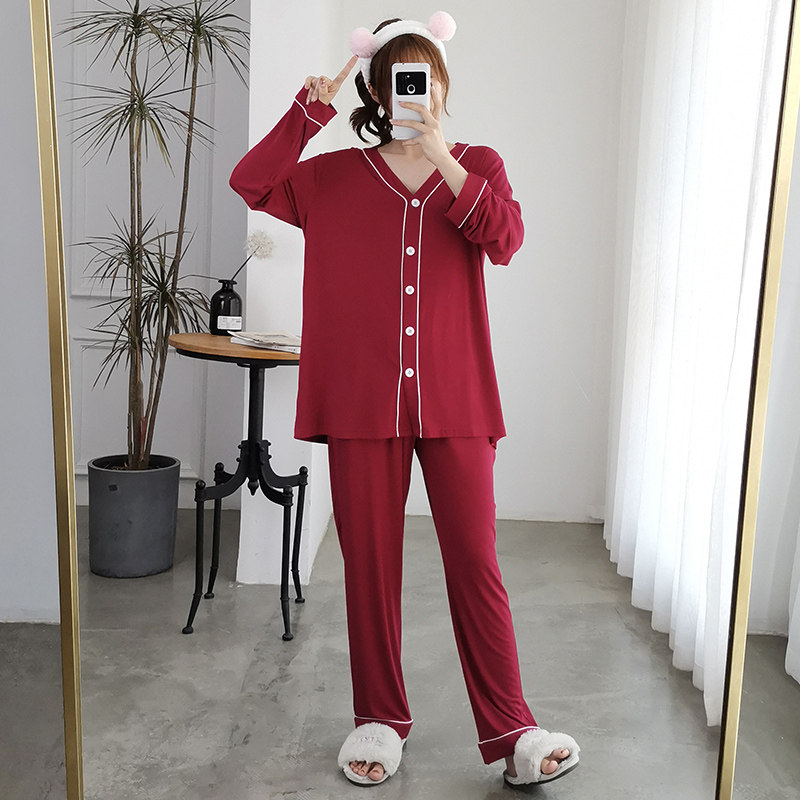 Thin section modal pajama pants set female spring and autumn long-sleeved trousers loose home clothes cardigan summer large size fat MM