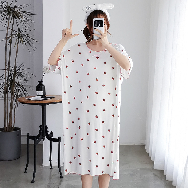 Summer modal nightdress women's sweet home clothes large size loose fat mm pajamas mid-length dress thin section - Taobao