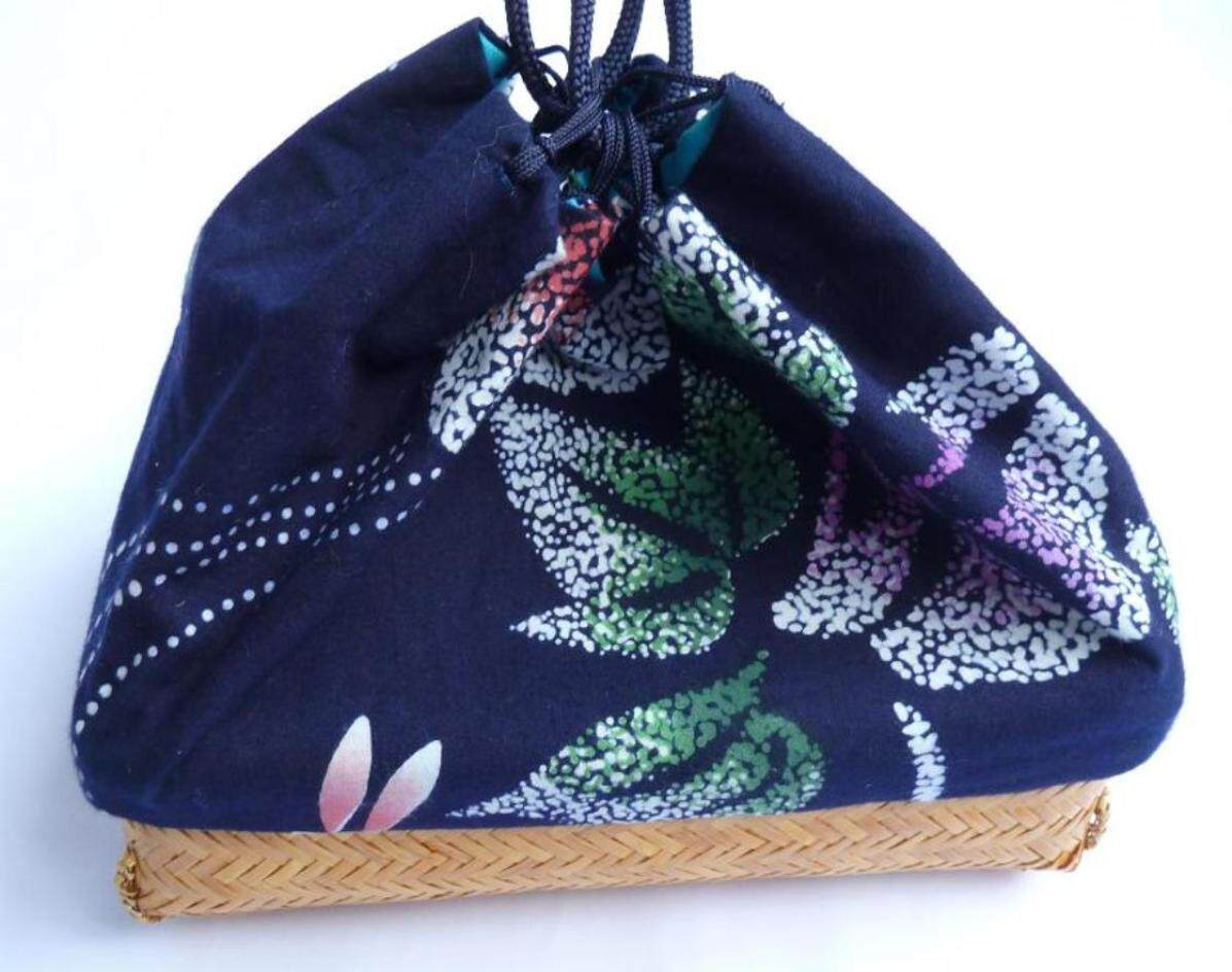 Japanese Kyoto kimono shop Buy back Rope Bag Kimono Fabric Kimono Fabrics Blue Dye Floral Pattern Bamboo Underbag Multipurpose Bag-Taobao