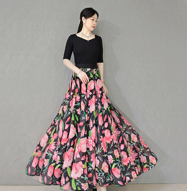 2024 Summer Elegant Long Skirt with Pink Floral Patterns