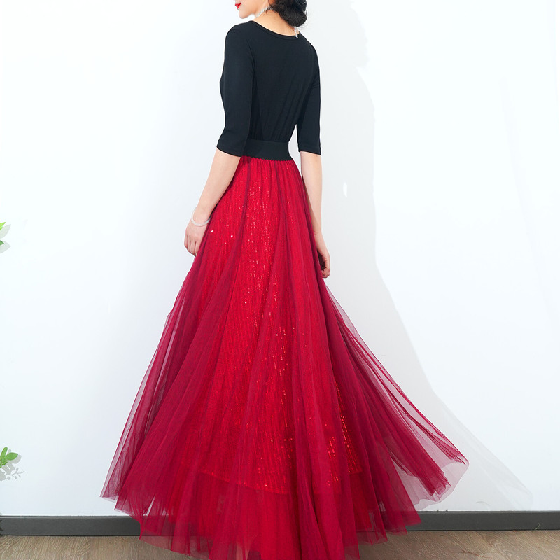 Elegant Red Mesh Sequin Plus-Size Long Skirt for Women, Large Flared A-Line Slimming Blingbling Fairy Skirt