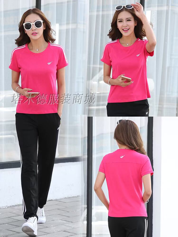 Thành phố Demei 2018 Mùa Hè Mới 672 Phụ Nữ của Cotton Tập Thể Dục Vòng Cổ Ngắn Tay Áo Chín Quần Thể Thao Casual Set quần đùi thể thao
