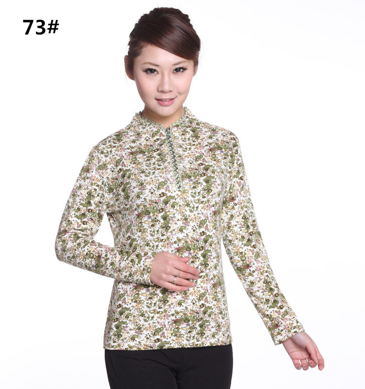 Mùa xuân và mùa thu của phụ nữ trung niên dây kéo đứng cổ áo sơ mi chạm đáy áo của mẹ trung niên dệt kim áo thun dài tay mùa thu áo kiểu người lớn tuổi
