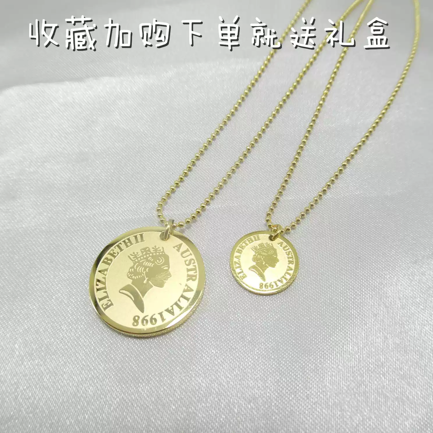 英国女王头像钱币吊坠简约风钛钢项链镀真金大坠中长款珠链