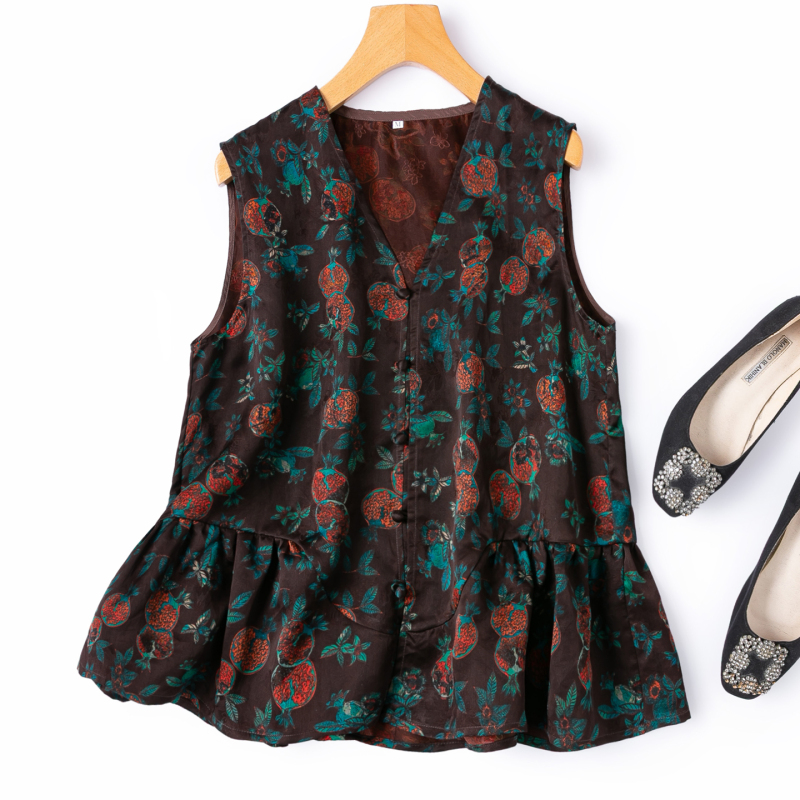 Breathable Floral Cloud Silk Fabric'Coffee Pomegranate' Silk V-Neck Large Hem Silk T-Shirt Mulberry Silk Sleeveless Vest