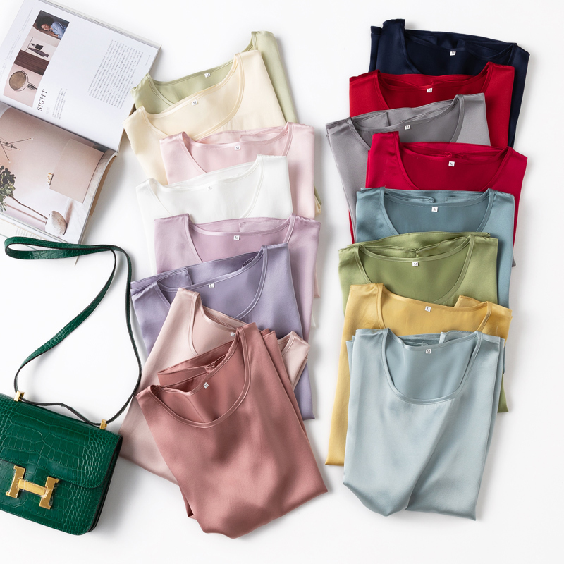 Benefits! Flowing Gemstone Series Basic Versatile Round Neck Mulberry Silk Short Sleeve Silk Satin T-Shirt Top