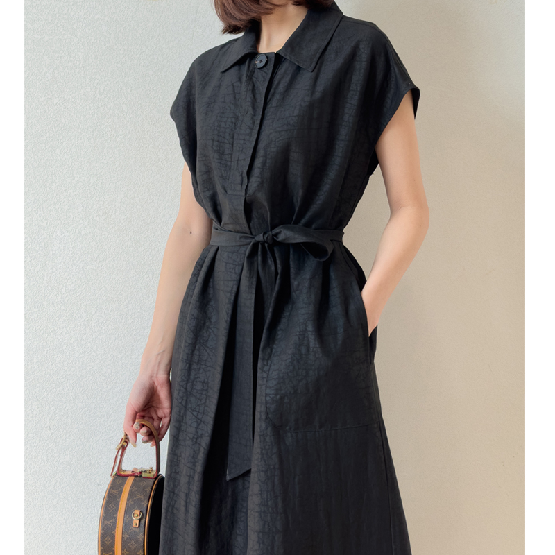 1.2m Extra-Long High-Quality Item! Old Turtle Crack Pattern Xiangyun Silk Structured Raglan Sleeve Loose Polo Collar Dress