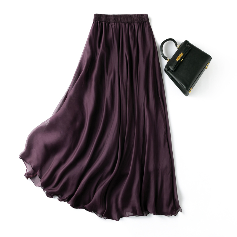 Bias-Cut, Large Hem, No Splicing! 100% Mulberry Silk Purple Elastic Waist Long Skirt, Three-Layer Half Skirt, Flowing Bias-Cut, Large Hem, No Splicing! 100% Mulberry Silk Purple Elastic Waist Long Skirt, Three-Layer Half Skirt, Flowing