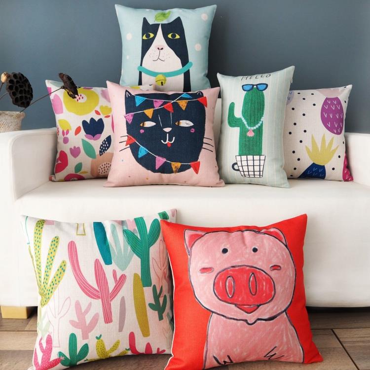 Cartoon Little Fresh Art Colorful Cactus Pig Cat Lovers Gift Cotton Linen Sofa Hug Pillow Lean Back Cushion