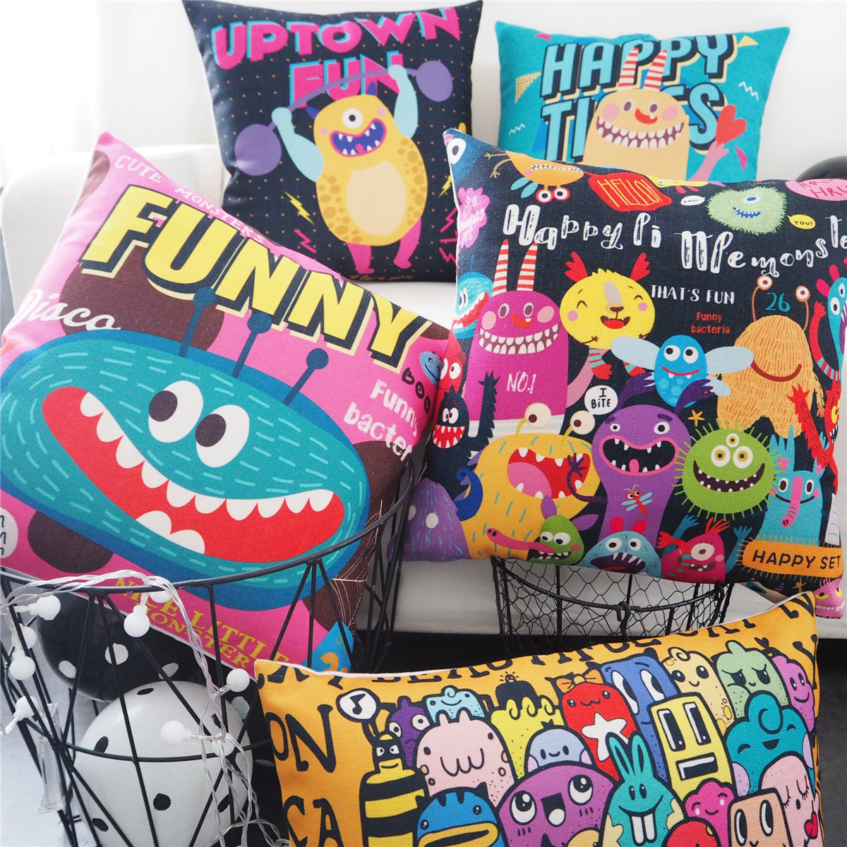 Cartoon cute pop wind ins little monster Halloween cotton and linen pillow sofa waist cushion cover car sleeping