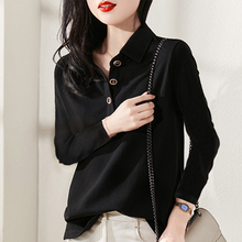 POLO collar long sleeved t-shirt for women in spring 2024, new pure cotton base shirt, loose lapel top