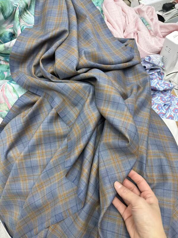 150cm Wide 1.31m g Fine-Spun Wool Blue Coffee-Colored Plaid Clothing Fabric