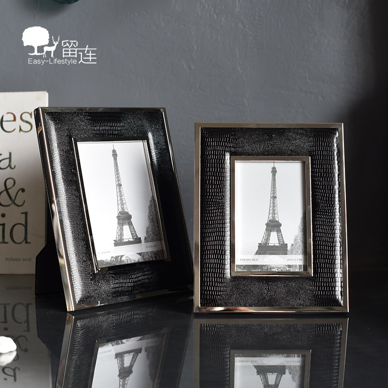 Light extravagant modern minimalist black leather metal photo frame swing piece iron tower pattern-like plate room bed head cabinet soft adornment