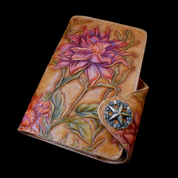 Handmade custom leather gift women's foreskin carved and painted women's dahlia clutch bag