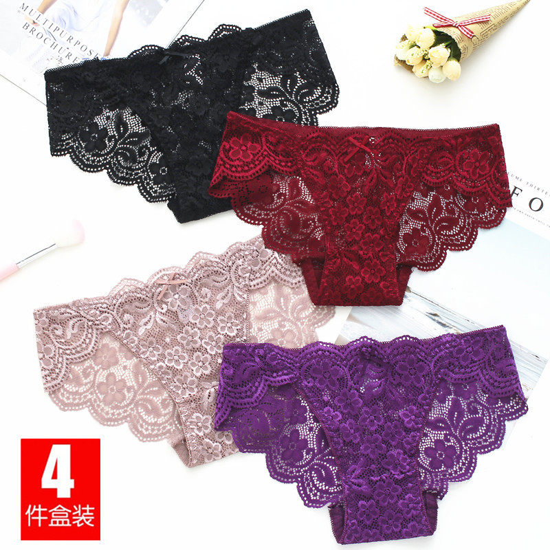 4 pieces of underwear women's pure cotton crotch lace sexy hollow transparent low waist no trace hot temptation large size briefs