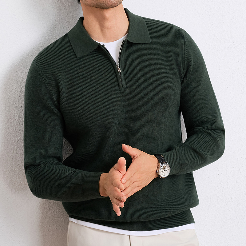 2025 Autumn/Winter New Men's Wool Sweater Business Casual Simple Lapel Zipper Green Base Knit Sweater 2025 Autumn/Winter New Men's Wool Sweater Business Casual Simple Lapel Zipper Green Base Knit Sweater