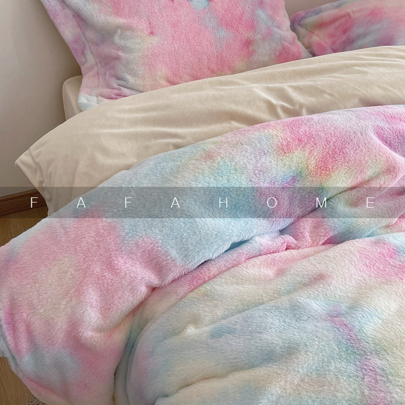 FAFAHOME ins homestay tie-dye girl heart milk velvet four-piece fitted sheet style winter thickened warm bedding