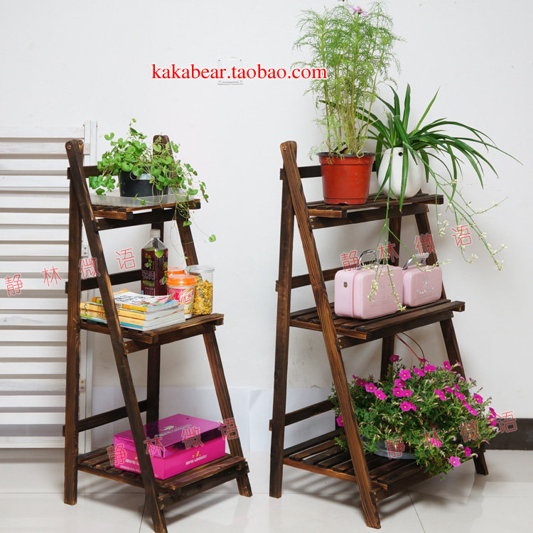 Clearing handling three layers of folded wood frame carbonized multi-layer solid wood shelf floral frame patio balcony staircase
