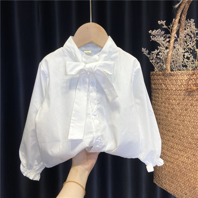 Girls' long-sleeved shirt children's spring and autumn clothes white Korean bowknot shirt baby foreign style bottoming fashion 1 year old 2