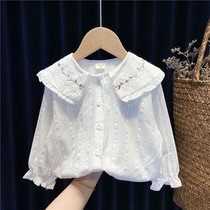 Girls long-sleeved shirt childrens spring and autumn Korean version of the Western style big lapel white shirt baby half-sleeved top 2 years old 3