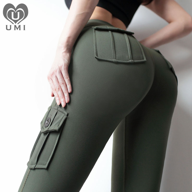 Umi Wang Honey Peach Hip Fitness Pants Women and America's autumn and winter models High waist pockets Tie tight outside wearing sports gym pants