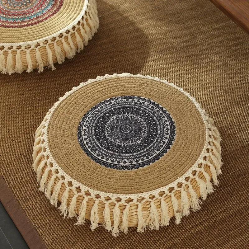 Ethnic style cotton thread tassel hand-woven futon cushion round mid-century style tatami bay window meditation cushion