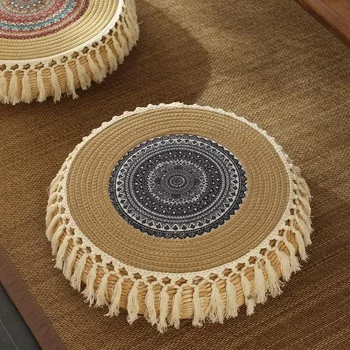 Ethnic style cotton thread tassel hand-woven futon cushion round mid-century style tatami bay window meditation cushion