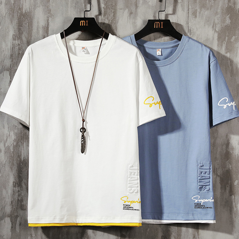 [2-Pack + Pure Cotton] Outlet Summer Short-Sleeve T-Shirt for Men, Trendy Youth Round-Neck Half-Sleeve Sun Protection