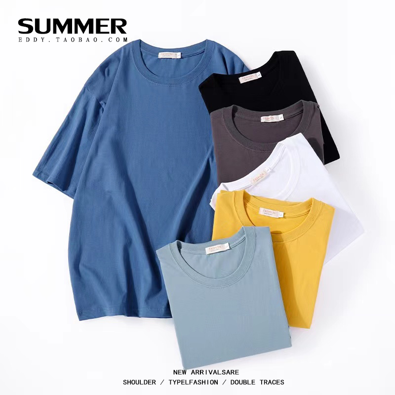 Tide brand summer Hong Kong style solid color short-sleeved T-shirt men's cotton ins super hot trend loose couple half-sleeved men's and women's T-shirt