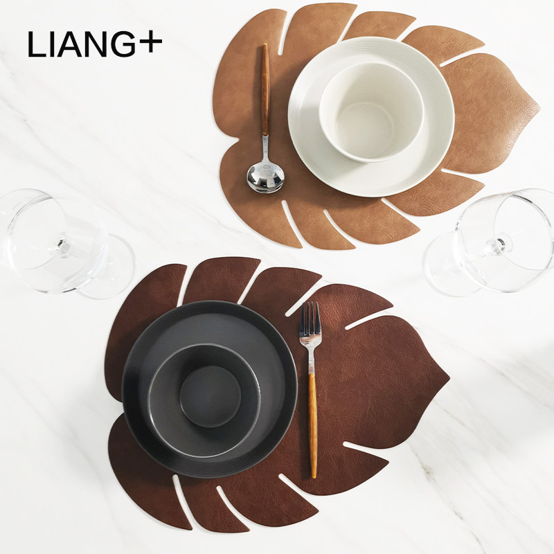 ins wind table mat monstera shaped table mat pu leather table mat waterproof oil proof heat insulation solid color modern western food mat
