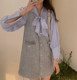 Maruko Fashion Customized 2022 Spring Haze Blue Bow Shirt Xiaoxiang Sequin Dress Fake Two-piece Set in Stock