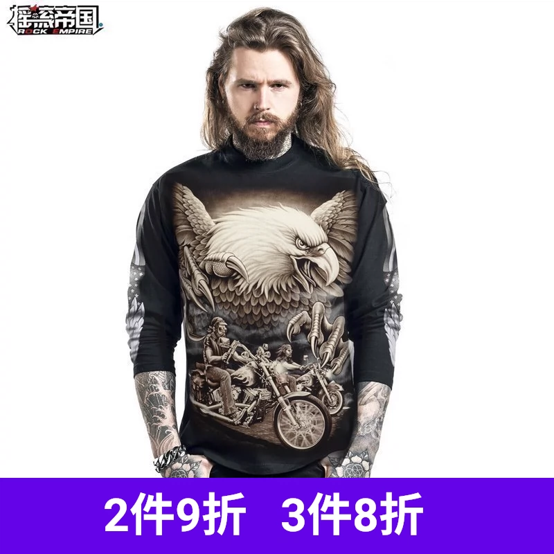 Rock Empire Plus Size Thương hiệu thời trang nam Áo thun dài tay Harley Locomactor Eagle dạ quang Quốc gia hợp thời trang Nam tròn cổ in - Áo phông dài