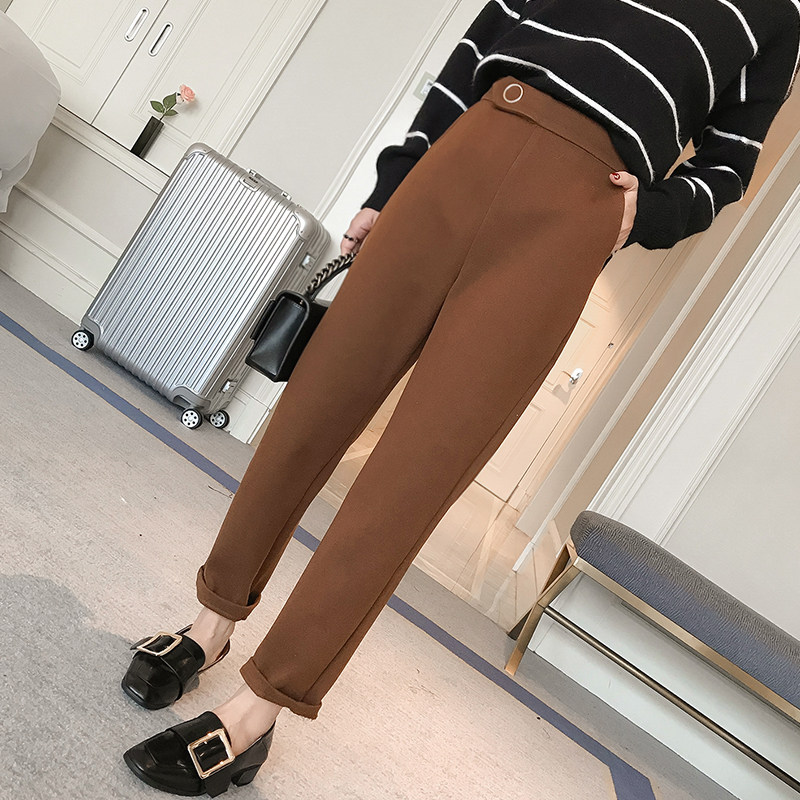 时尚韩版OL职业黑色西装直筒休闲裤女收腰显瘦纯色毛呢小脚九分裤