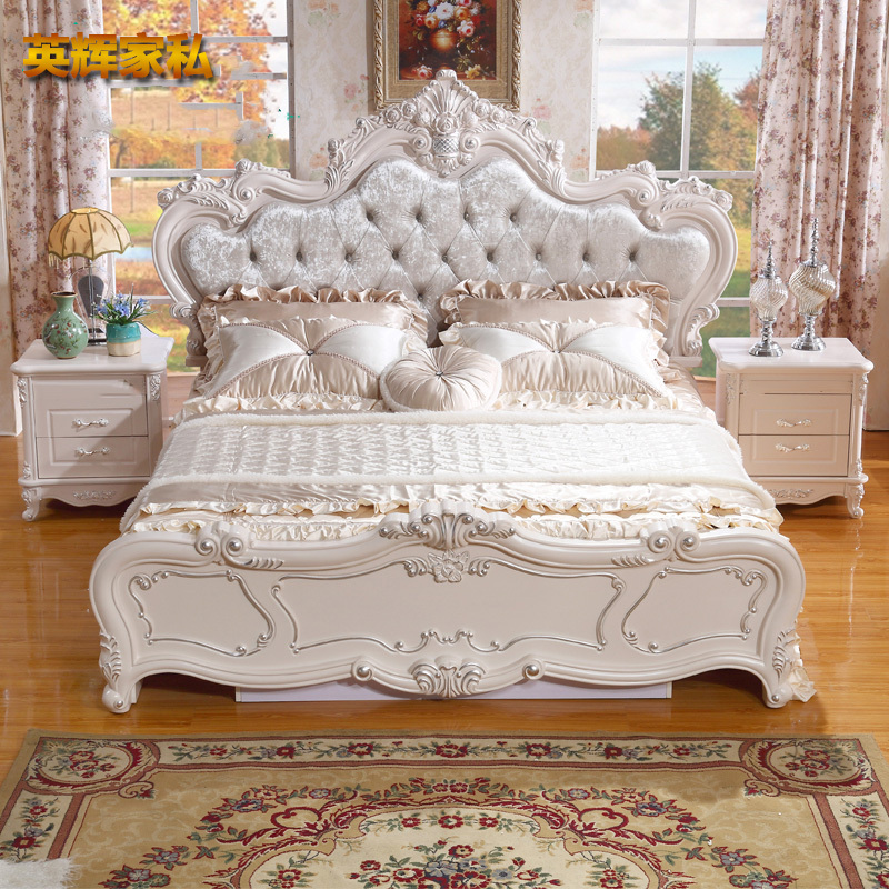 American and European Style Bed, 1.8m Double Beds, 1.5m Fabric Bed, Princess Light Luxury French Style Master Bedroom Wedding Bed, Solid Wood Leather Bed