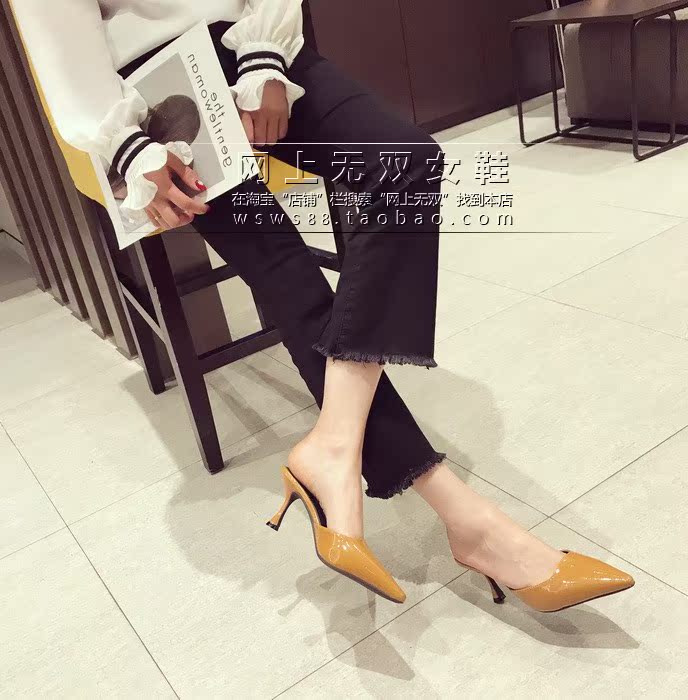 Bằng sáng chế da chỉ Muller giày dép stiletto Bao Đầu nửa dép lười biếng người kéo Châu Âu và Mỹ thời trang cao gót sự nghiệp