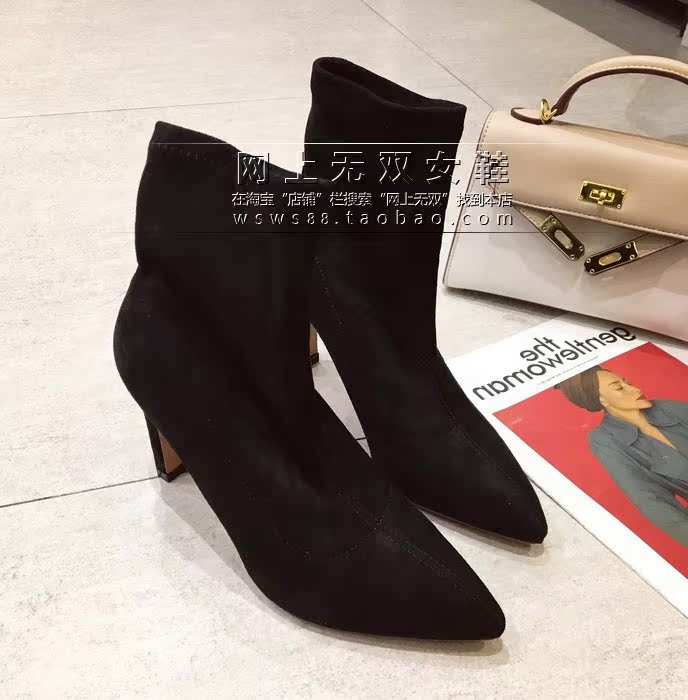 Giày cao gót đế xuồng cao đến mắt cá chân đế nhọn dày bằng vải thun ngắn bốt cao cổ nữ