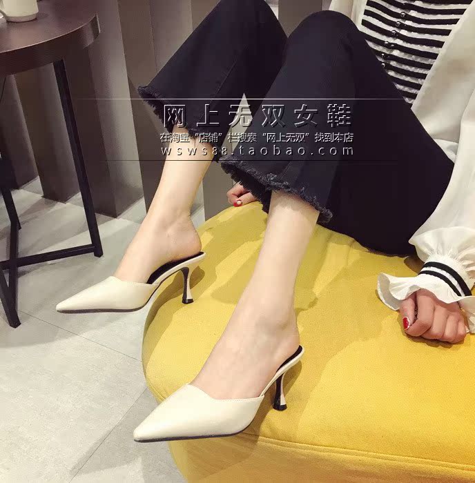 Bằng sáng chế da chỉ Muller giày dép stiletto Bao Đầu nửa dép lười biếng người kéo Châu Âu và Mỹ thời trang cao gót sự nghiệp