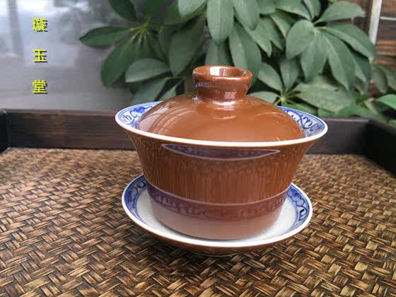 Jingdezhen Ruoshen treasured pure hand-painted outside monochrome sauce glaze inner blue and white tangled branches lotus pattern three only cover bowl teacup