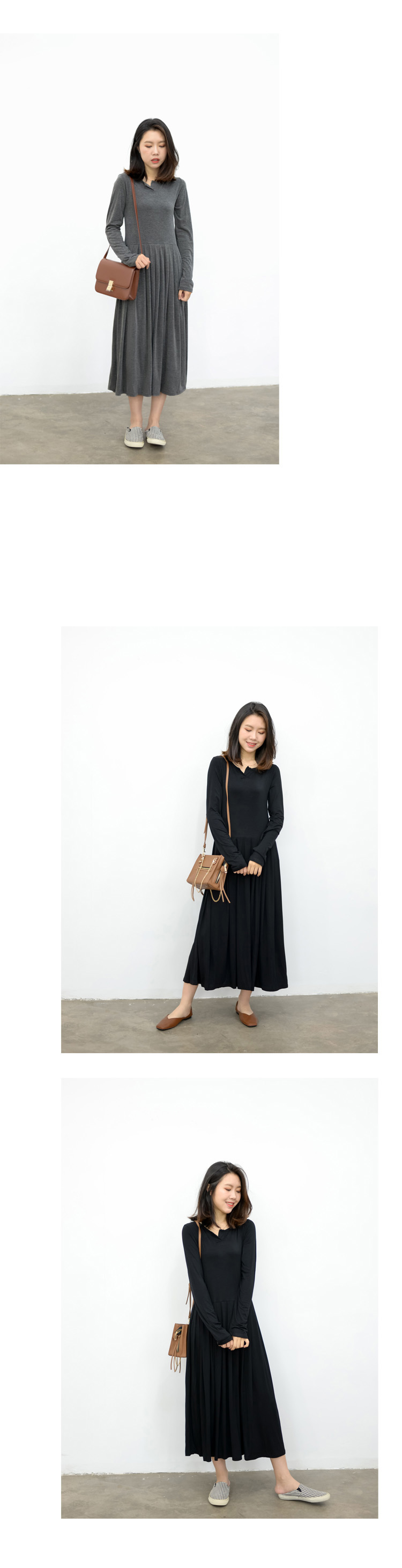 KNGS Autumn Solid Color Retro Slim Modal Dài tay Thin Thin Eo cao Váy dài Một chiếc váy xếp li đầm xòe trễ vai voan