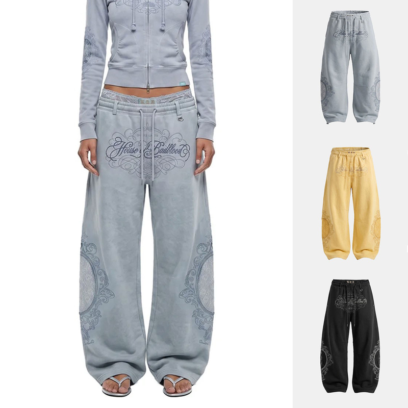 Badblood American Street Style Lace-Trimmed Sports Casual Pants for Women, Niche Embroidered Loose Wide-Leg Pants, Long Pants