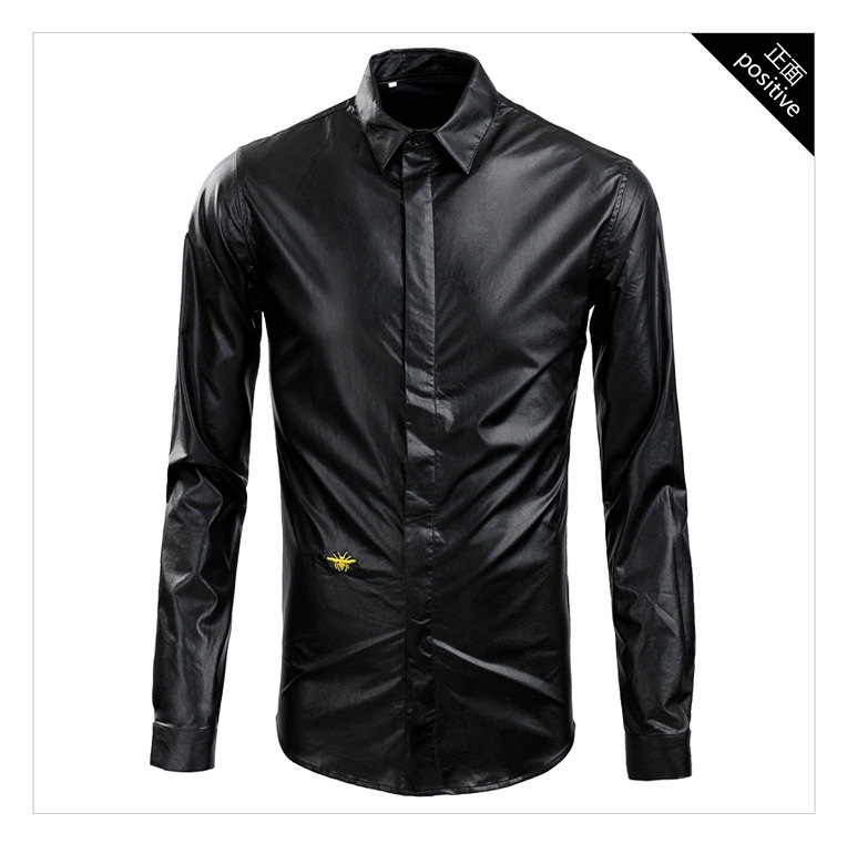 Giả da cừu PU Leather Bee Thêu Châu Âu và Mỹ Áo sơ mi dài tay nam Áo sơ mi hợp thời trang áo sơ mi loang màu