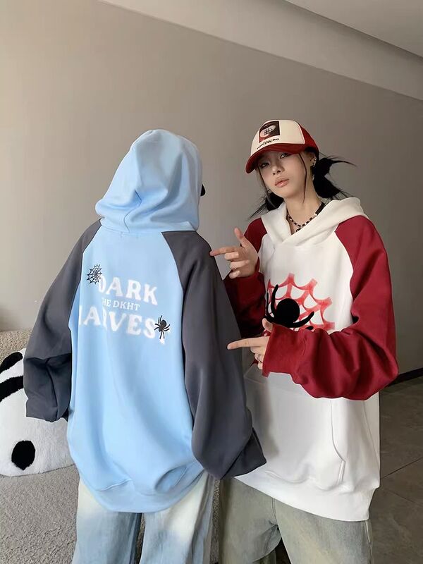 Vankcoe American Street Style Embroidered Spider Hooded Sweatshirt for Women Autumn and Winter Oversize Casual Couple Hoodie