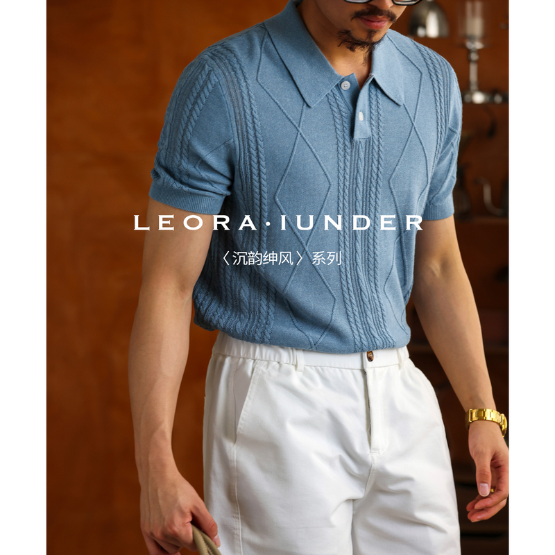 【Chenyun Shenfeng】Old Money Casual Knitted Cable Short-Sleeve Polo Collar Men's Casual Linen Summer T-Shirt