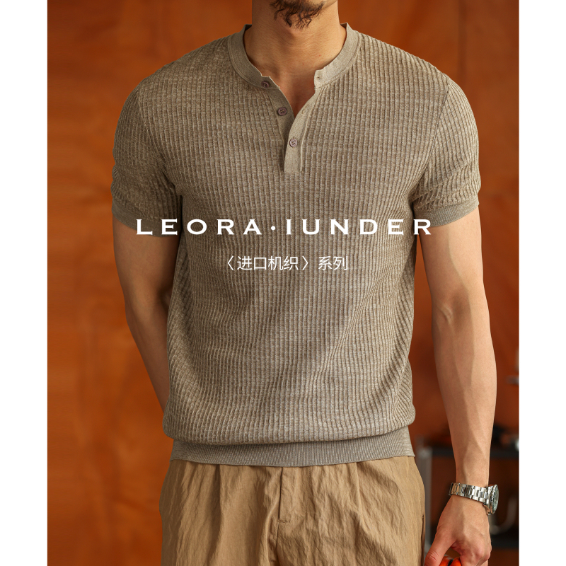【18-Gauge Imported Machine Weaving】100% Pure Cotton High-End Vintage Knit Ribbed Henley Collar Short-Sleeve T-Shirt for Men, Old Money Style