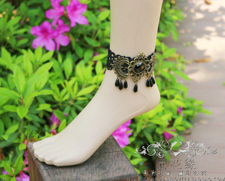 Full 38 包邮 Royal Flower Edge Retro Court Black Water Drop Lace Anklet Gothic Phụ kiện biểu diễn sân khấu Nữ lắc chân
