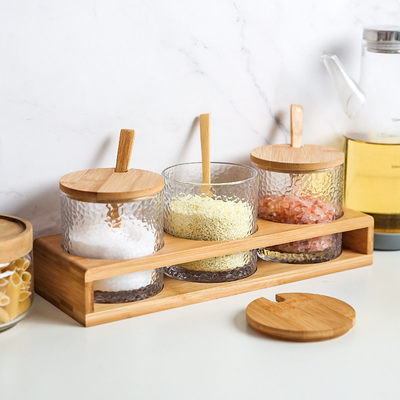 Kawashimaya Japanese hammer glass bamboo wood seasoning box set home kitchen salt shaker seasoning seasoning bottle
