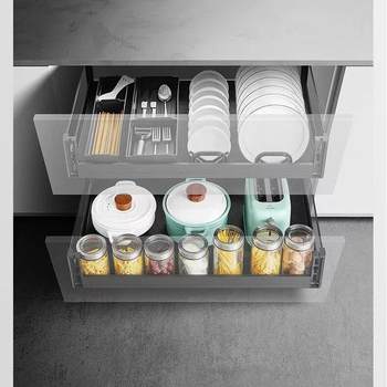 Draw basket cabinet double-layer drawer type dish rack black crystal glass aluminum alloy dish basket storage cabinet built-in pot basket
