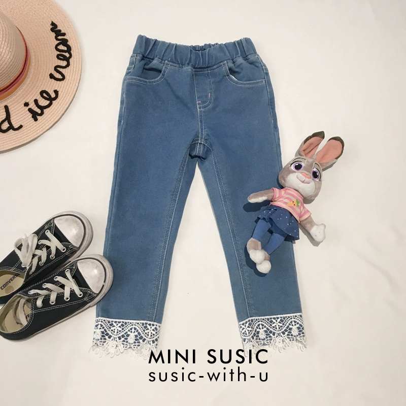 Bé gái 2-8 tuổi viền ren khâu quần legging denim dệt kim thắt lưng co giãn - Quần jean